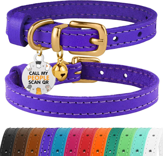 BRONZEDOG Leather Cat Collar with Bells Non Breakaway Kitten QR Tag for Girl Boy (7" - 9" for Cats, Purple & Gold)