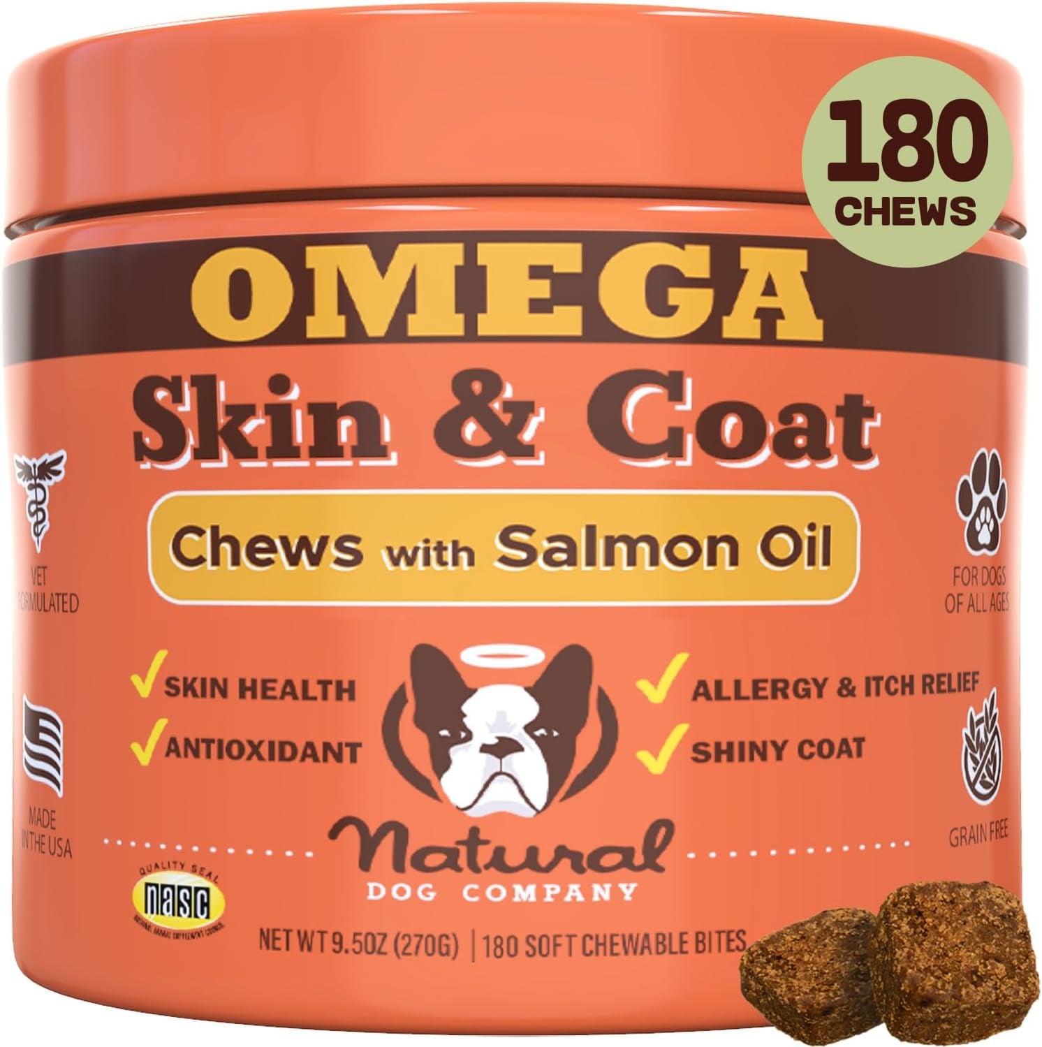 Natural Dog Company Skin & Coat Chews, Salmon & Peas Flavor, Dog Vitamins and Supplements for Healthy Skin & Coat, Itch Relief for Dogs with Allergies, with Biotin, Vitamin E, Omega 3, 180 Count