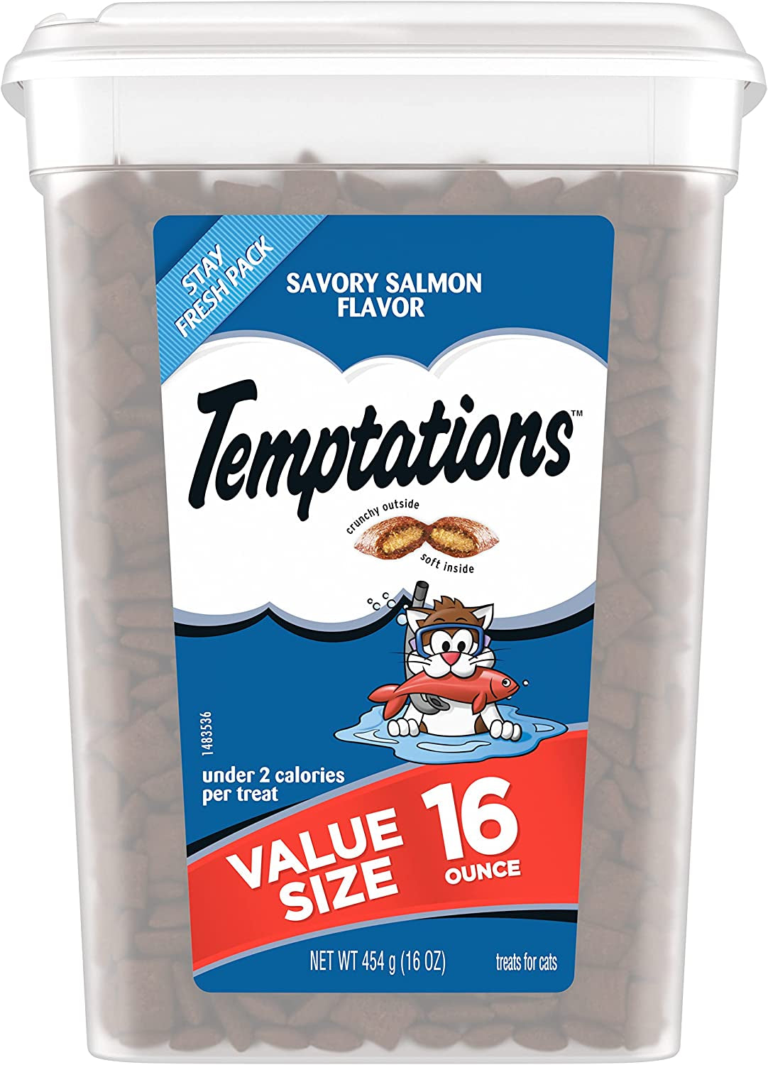 TEMPTATIONS Classic Crunchy and Soft Cat Treats Savory Salmon Flavor, 16 Oz. Tub