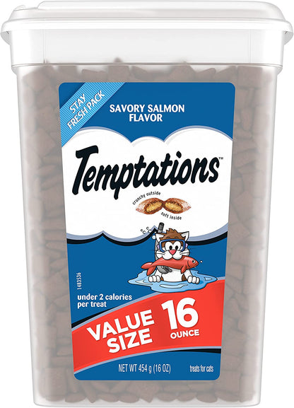 TEMPTATIONS Classic Crunchy and Soft Cat Treats Savory Salmon Flavor, 16 Oz. Tub