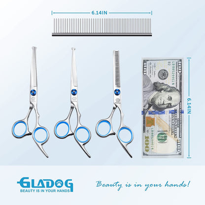 GLADOG Professional 5 in 1 Dog Grooming Scissors Set with Safety round Tips, Sharp and Heavy-Duty Pet Grooming Shears for Cats