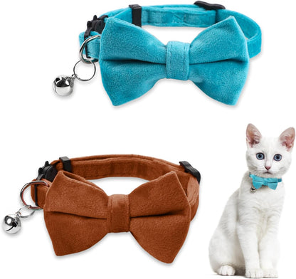 2 Pcs Adjustable Cat Collar with Bell Kitten Bow Tie Collar Velvet Puppy Collar Breakaway Cat Collars Cute Costume Accessories Safety Buckle for Small Pets