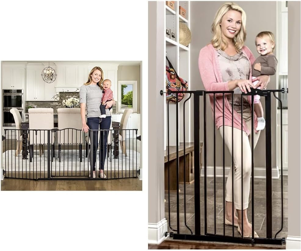 Regalo Deluxe Home Accents Widespan Safety Gate, 74.5" W X 28" H, Includes 4 Wall Mounts, Black & Easy Step Extra Tall Walk Thru Baby Gate, Bonus Kit, Includes 4-Inch Extension Kit