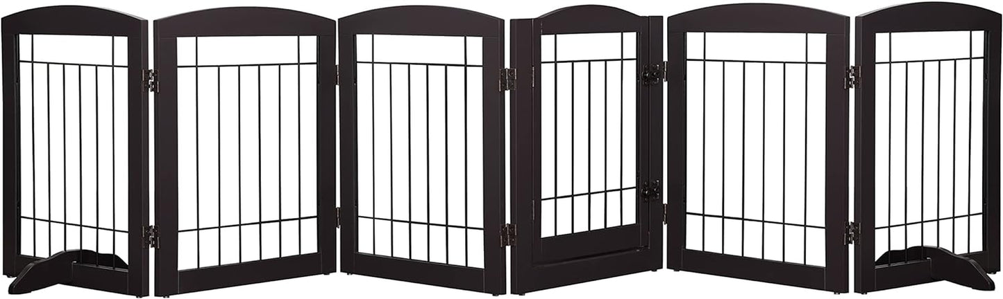 Spirich Extra Wide Dog Gates with Walk through Door, Wooden Freestanding Pet Gate for Dog, Dog Gate for the House, Doorway, Stairs, 12" Wide Pet Puppy Safety Fence with 6 Panels (Espresso)