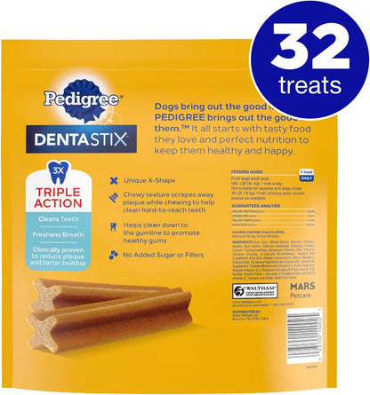 PEDIGREE DENTASTIX Large Dog Dental Treats Original Flavor Dental Bones, 1.72 lb. Pack (32 Treats)