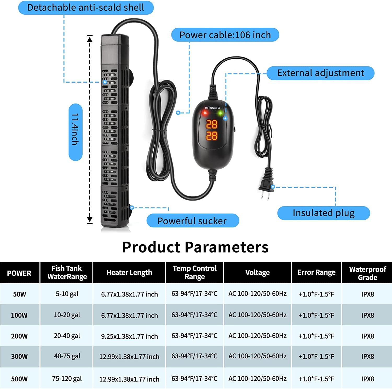 HiTauing Aquarium Heater, 50W/100W/200W/300W/500W Submersible Fish Tank Heater with Over-Temperature Protection and Automatic Power-Off When Leaving Water for Saltwater and Freshwater