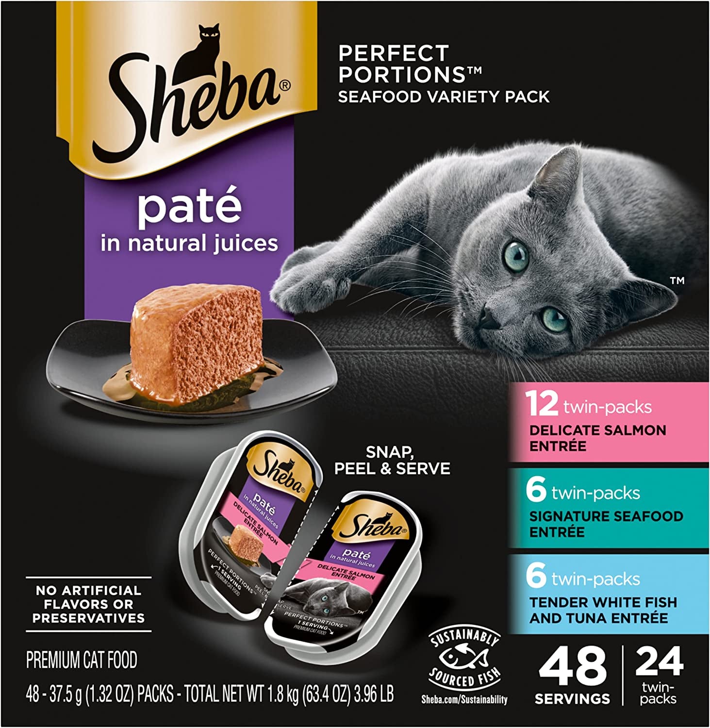 SHEBA Perfect Portions Paté Wet Cat Food Trays (24 Count, 48 Servings), Signature Seafood Entrée, Easy Peel Twin-Pack Trays