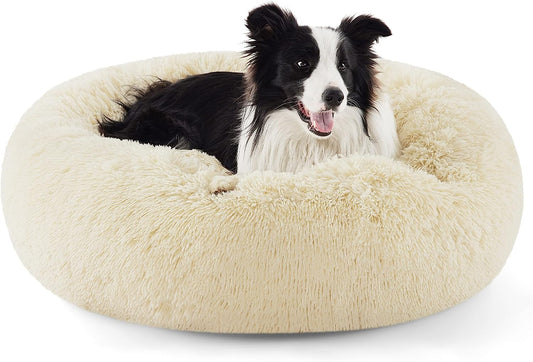 Bedsure Calming Dog Bed for Large Dogs - Donut Washable Large Pet Bed, Anti-Slip round Fluffy Plush Faux Fur Dog Bed, Fits up to 100 Lbs Pets, Oat Milk, 36 Inches