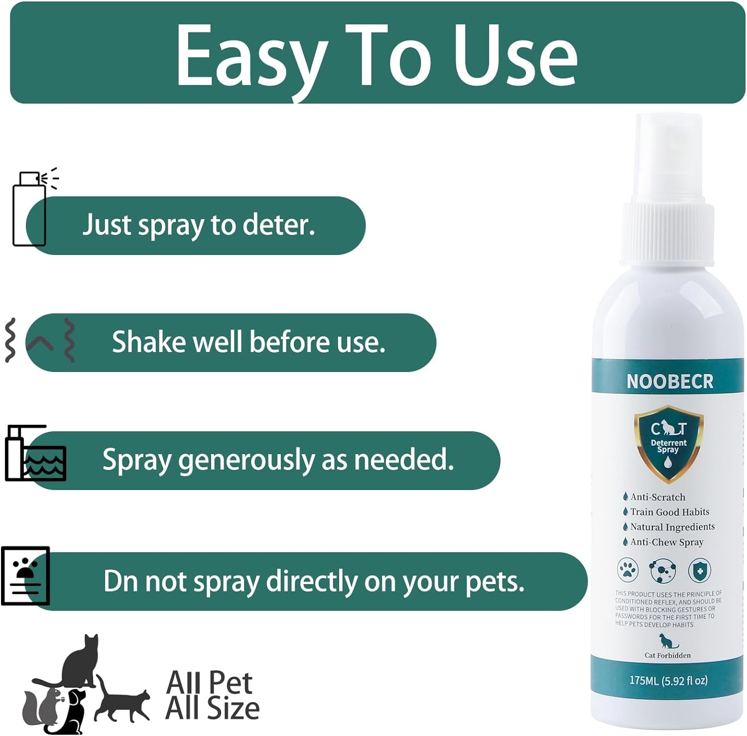 Cat Deterrent Spray, 175ML. Cat Deterrent Indoor for Cat and Kittens. Cat Deterrent Indoor & Outdoor Training Aid for Furniture, Sofa, Rugs, Curtain. Cat Scratch Furniture Protector.