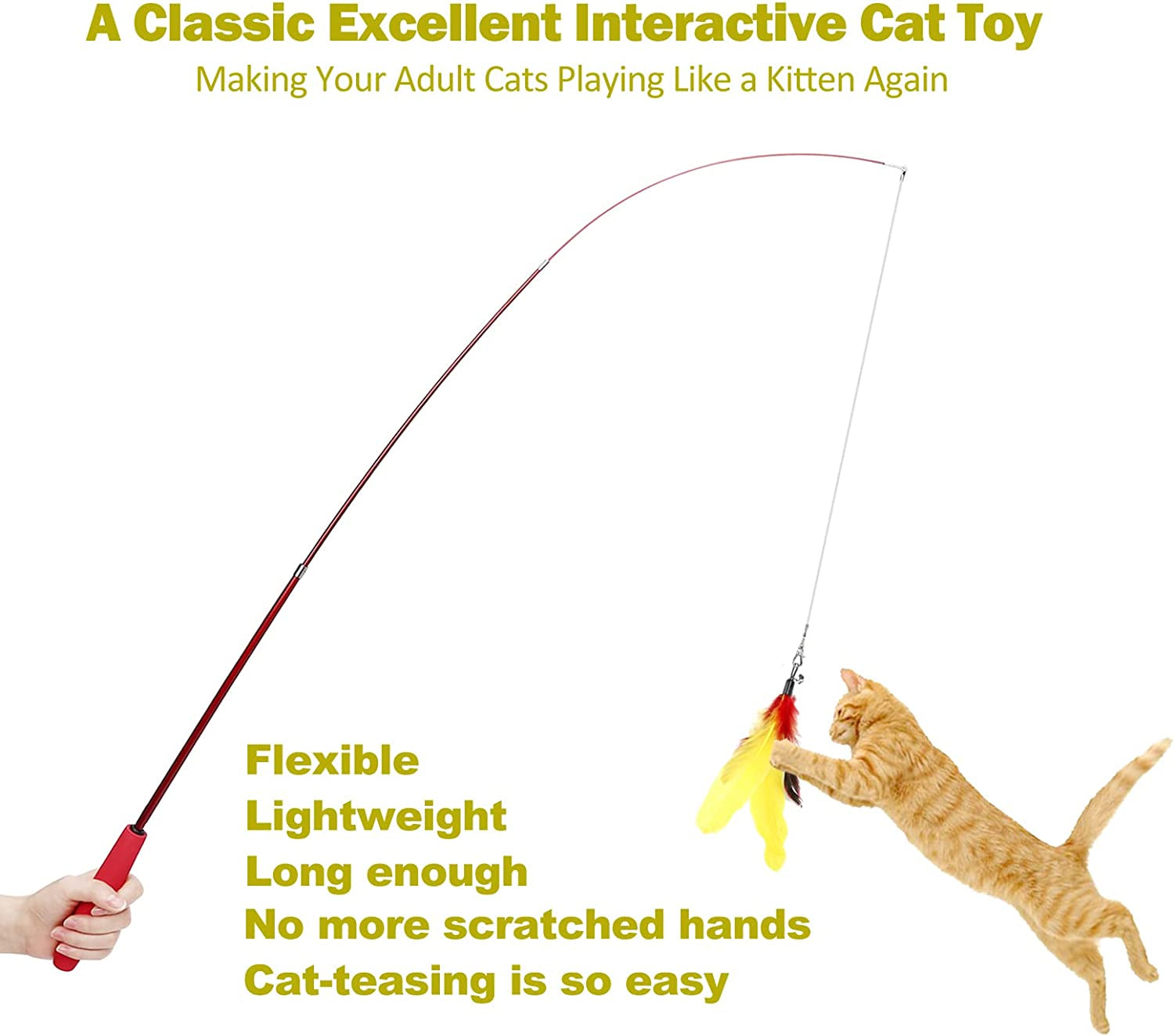 Interactive Cat Toys - Retractable Wand Toy and Feather Toys Refills for Indoor Cats to Chase and Exercise