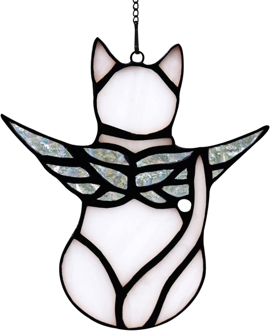 BOXCASA Angel Cat Memorial Gifts Ornaments,Stained Glass Window Hanging Decorations,Angel Wings White Cat Suncatcher Decor,Cat Lovers Gifts Ornaments,Pet Memorial Sympathy Gifts Decoration