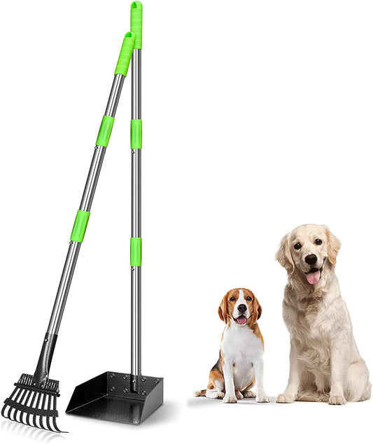 TOOGE Pooper Scooper, Dog Pooper Scooper Long Handle Stainless Metal Tray and Rake for Large Medium Small Dogs Heavy Duty (Green) (A-Standard)