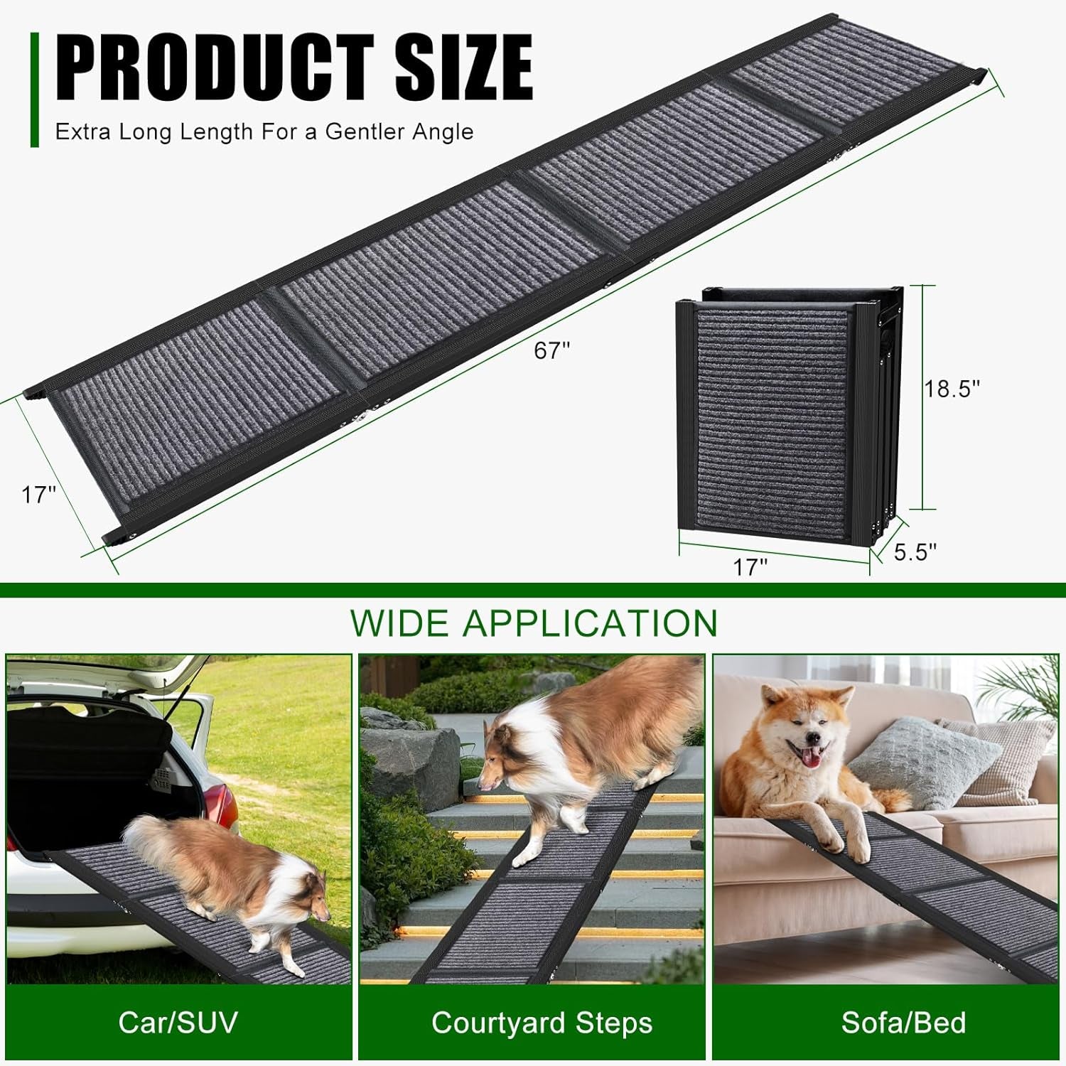 Dog Ramp for Car, 67" Long Portable Folding Pet Ramp with Extra Pet Blanket, Car Ramp with Non-Slip Rug Surface, Wider Dog Steps Perfect for Medium & Large Dogs Up to 260LBS Enter a Car, SUV & Truck