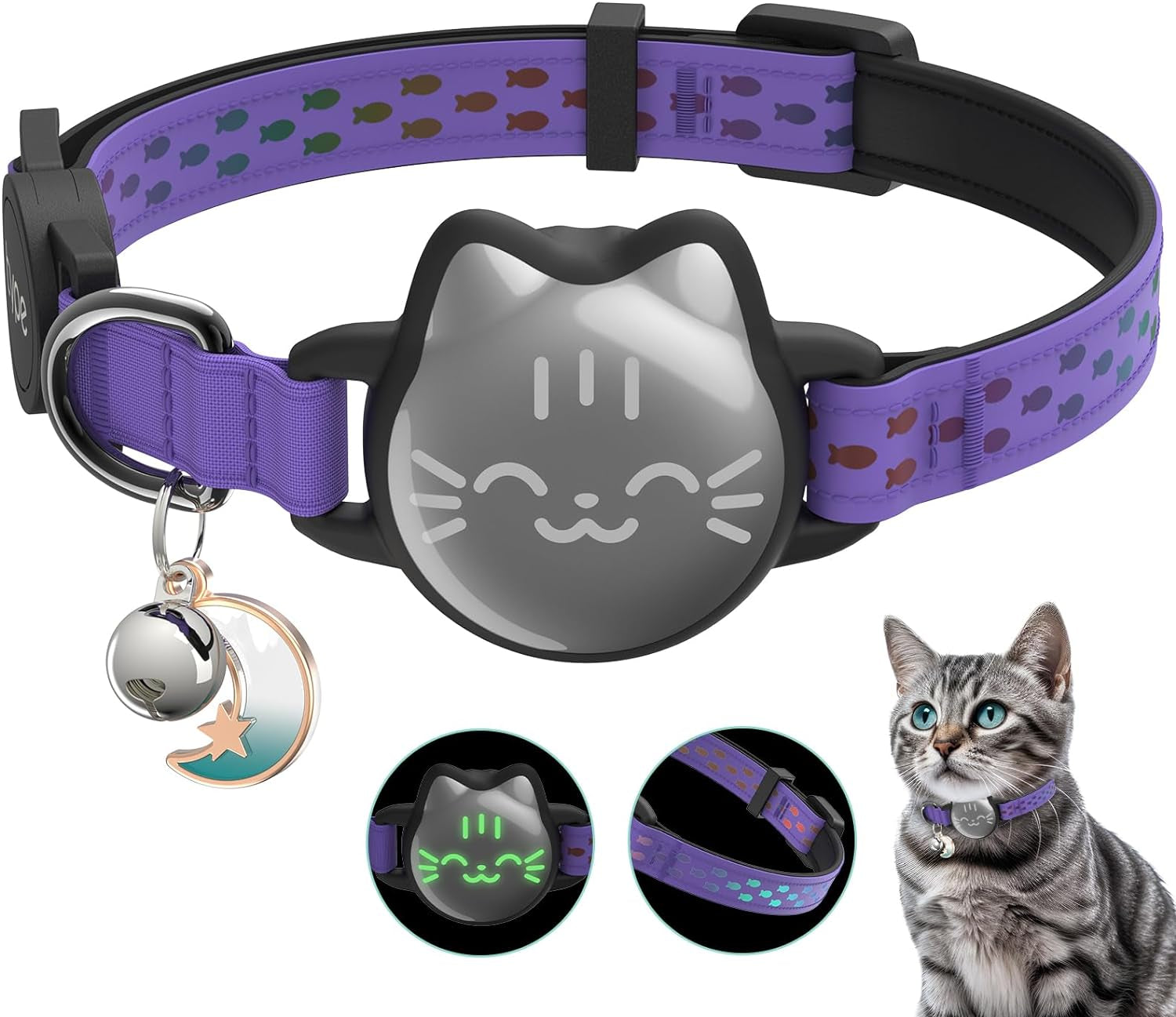 Waterproof Airtag Cat Collar, Breakaway Cat Airtag Collar with Luminous & Reflective Pattern Strap, Lightweight Kitten Collar for Apple Air Tag, Hidden Holder for GPS Tracker - Cats, Kittens (9-13")