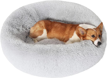 JOLLYVOGUE Calming Donut Dog Bed & Cat Bed, Anti-Anxiety Washable Dog round Bed, Fluffy Faux Fur Plush Dog Cuddler Bed, Warming Cozy Soft Dog Cat Cushion Bed for Small Dogs and Cats (20")