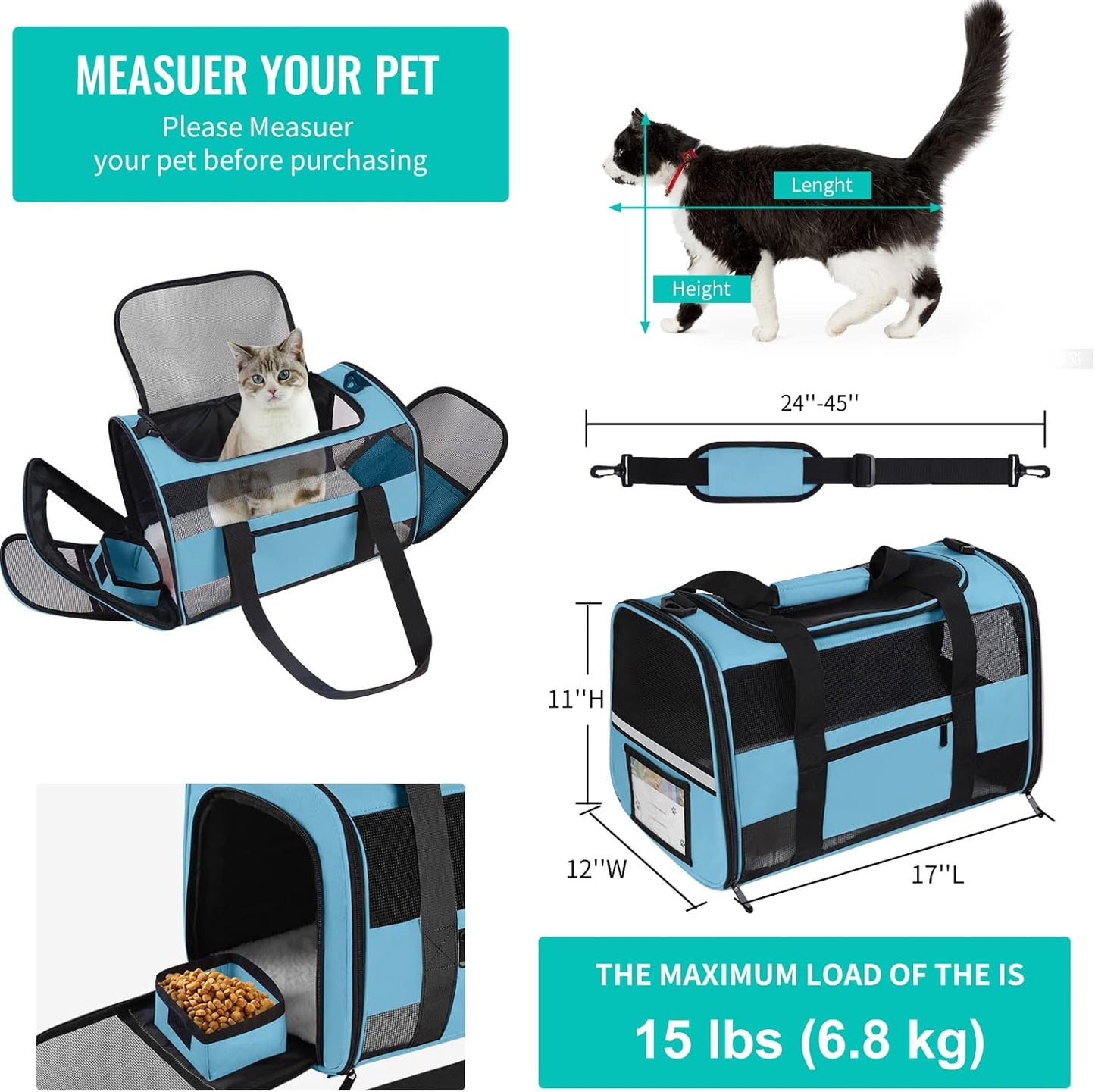 Pet Carrier Soft Sided Cat Carrier for Small Medium Cats Puppies up to 15 Lbs, TSA Airline Approved Carrier Collapsible Travel Puppy Carrier with Reflective Strip, Grey