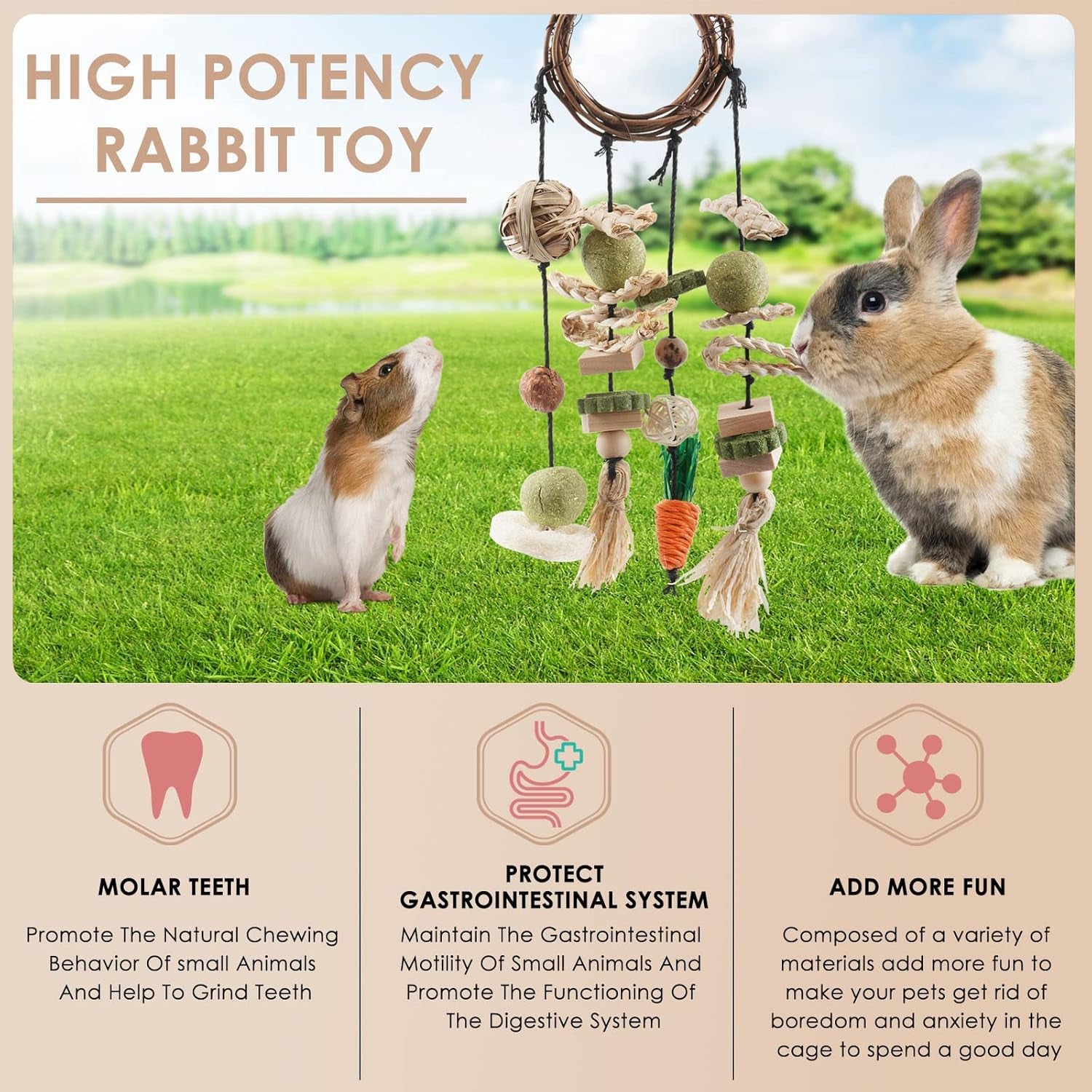 Bissap Bunny Chew Toy, Rabbits Cage Hanging Chew Toys and Treats Rattan Ring with Snacks for Guinea Pigs Chinchillas Hamsters Rats and Other Small Pets Teeth Grinding