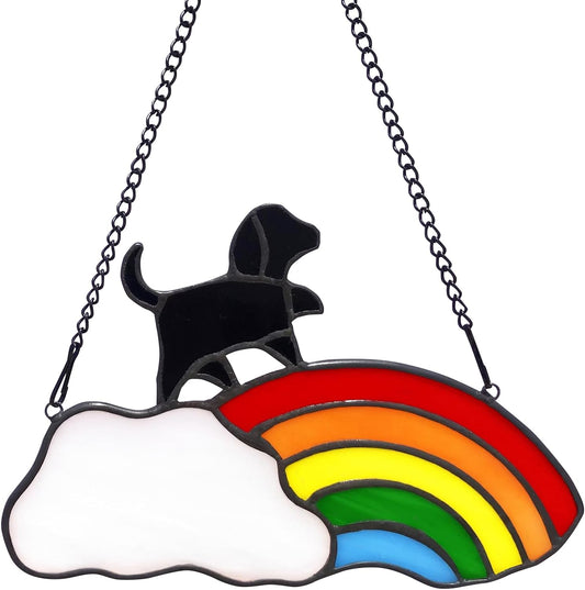 Stained Glass Rainbow Bridge Pet Memorial Gifts for Dogs,Black Dog Memorial Gifts for Loss of Dog,Suncather for Window Hanging,In Memory of Dog Passing Away Gifts,Loss of Dog Sympathy Gift