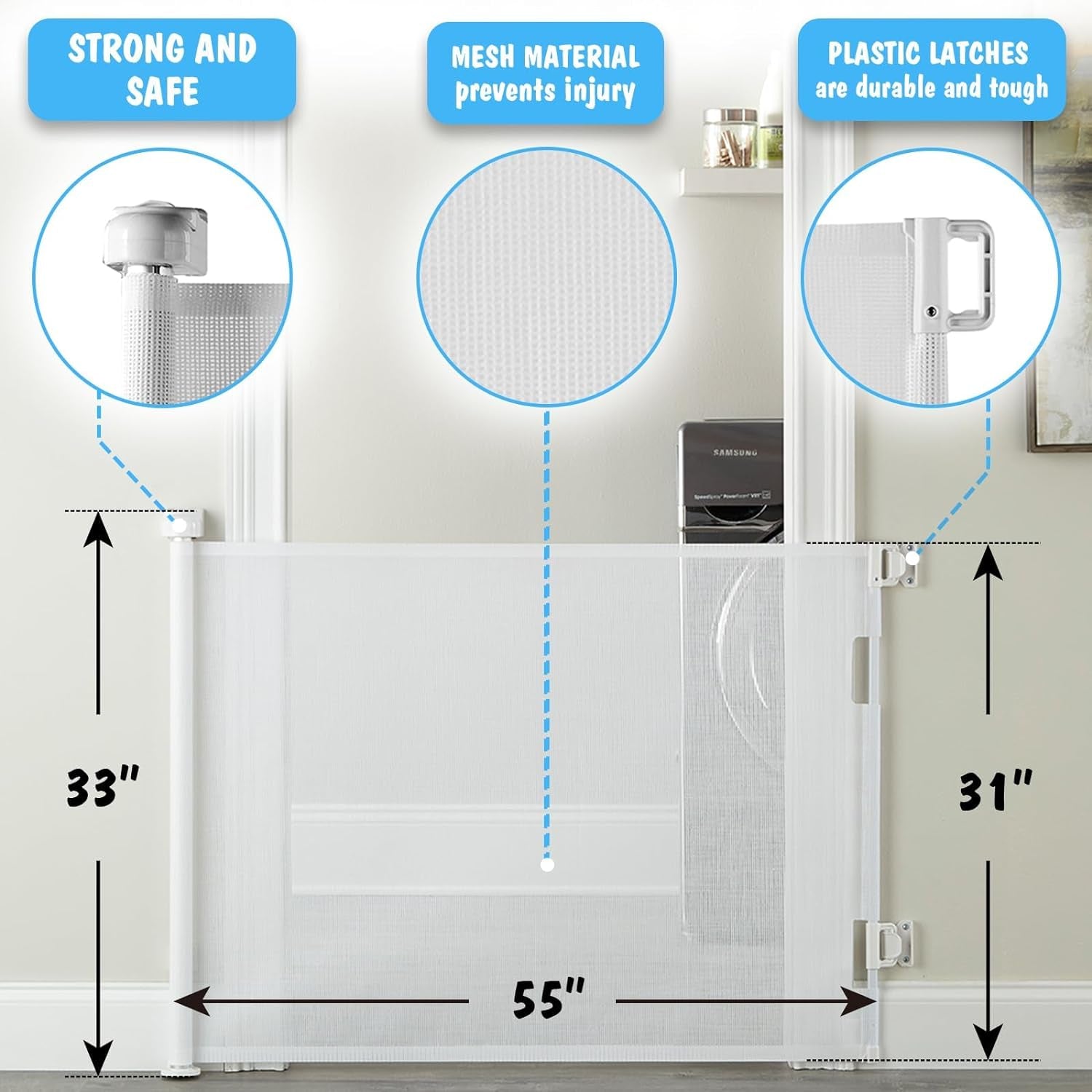 Cumbor 2 Pack Baby Gate Retractable Gates for Stairs, Mesh Dog Gate for the House, Wide Pet Gate 33" Tall, Extends to 55" Wide, Long Child Safety Gates for Doorways, Hallways, Indoor/Outdoor(White)