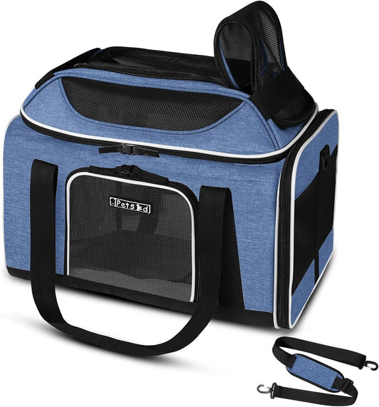 Top-Expandable Pet Carrier 17X13X9.5 Inches Southwest Allegiant Airline Approved, Soft-Sided Carrier for Small Cats and Dogs with Locking Safety Zippers and Anti-Scratch Mesh(Blue)