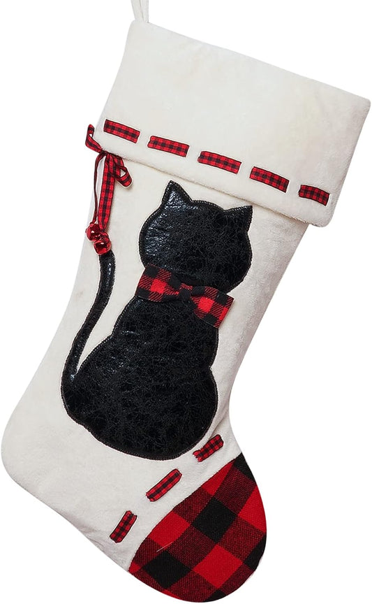 Cat Christmas Stocking 19’’ Xmas Pet Hanging Stockings with 3D Black Leather Cat Pattern Oversize Handmade Xmas Fireplace Hanging Stockings Decorations for Family Holiday Season Party Decor Pets Gifts