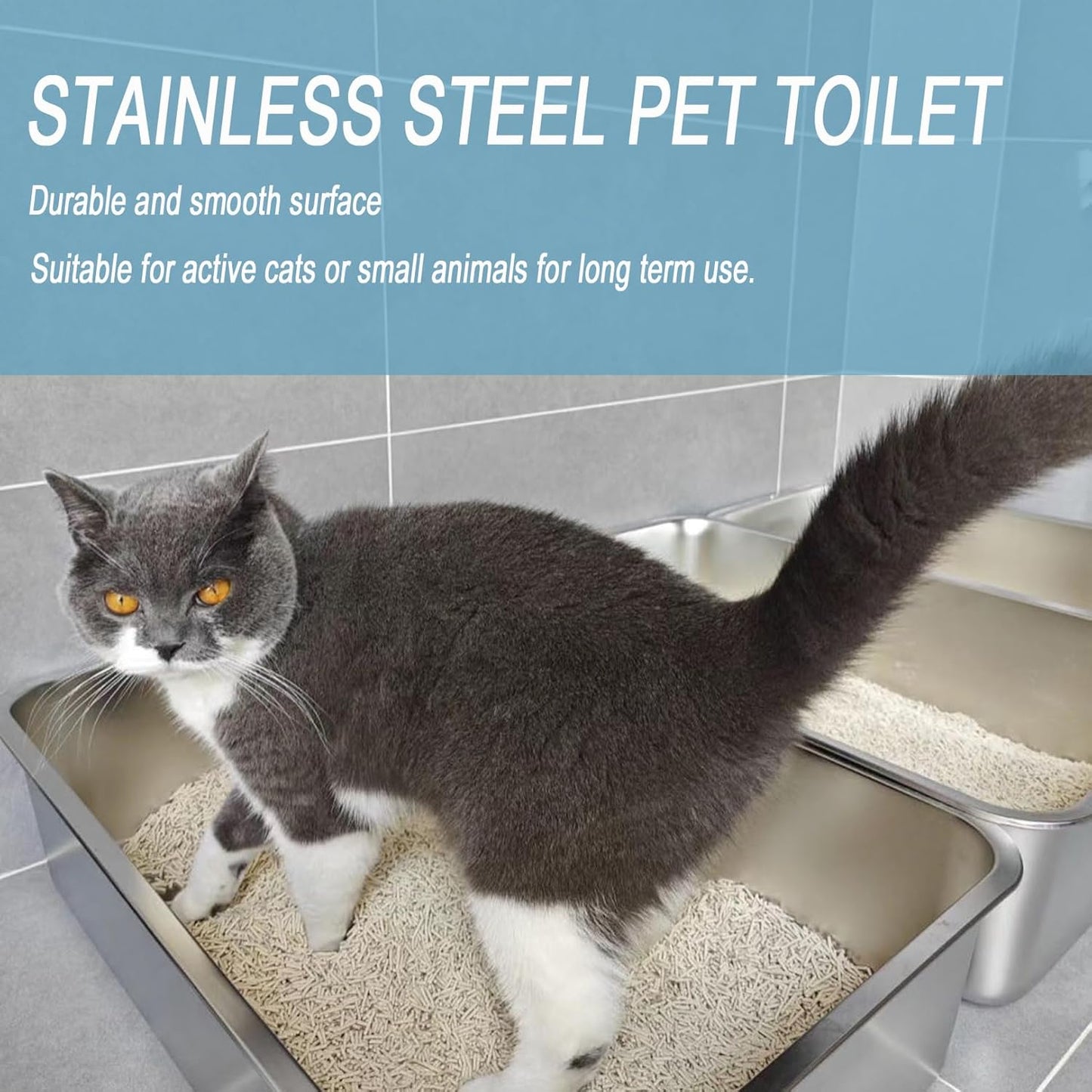 Stainless Steel Litter Box for Kitten, Low Entry Open Metal Litter Pan for Kittens Smooth Surface Durable Litter Pan (17.7" X 13.8" X 3.9") (S-Silver-2PCS)