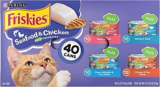 Purina Friskies Wet Cat Food Pate Variety Pack Seafood and Chicken Pate Favorites - (Pack of 40) 5.5 Oz. Cans