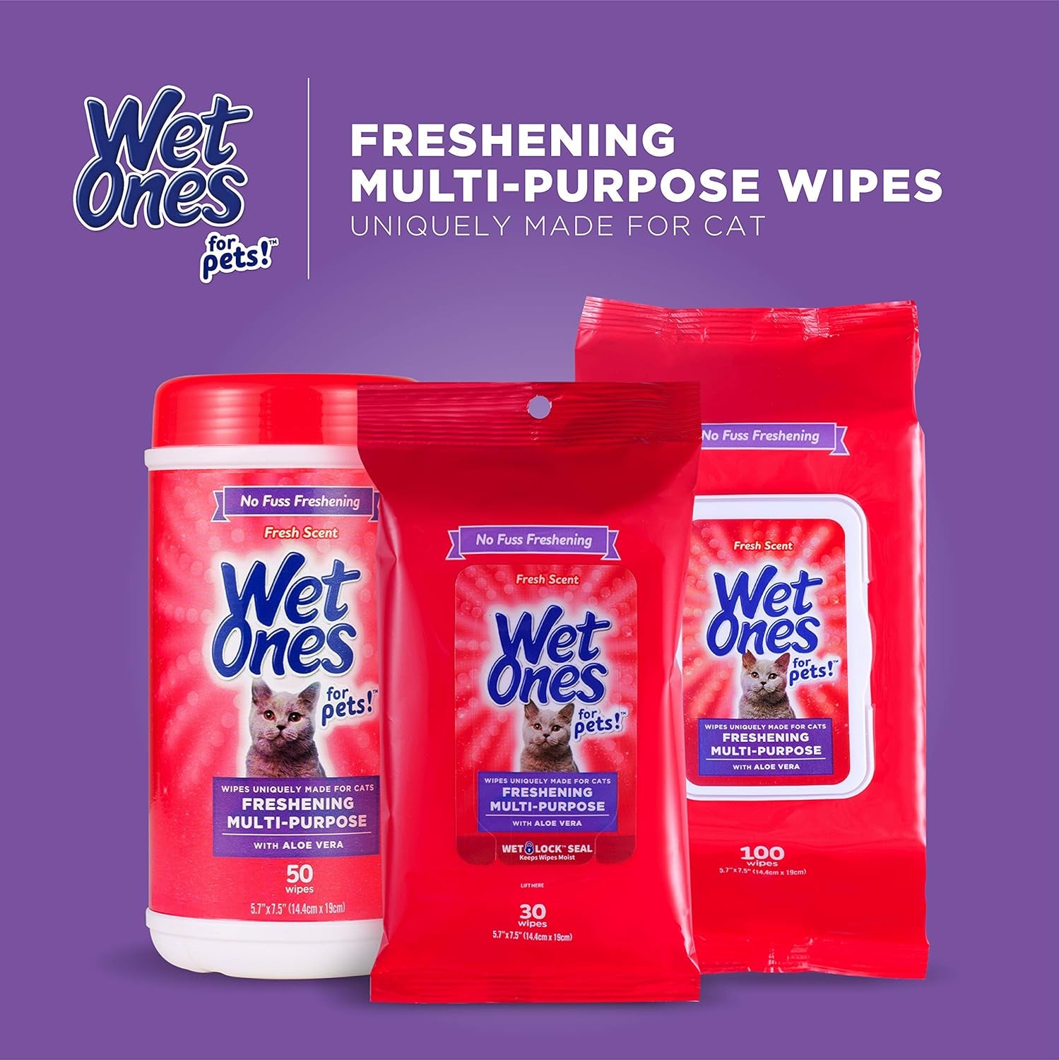 Wet Ones for Pets Freshening Multipurpose Wipes for Cats with Aloe Vera | Easy to Use Cat Cleaning Wipes, Freshening Cat Grooming Wipes for Pet Grooming in Fresh Scent | 50 Ct Cannister Cat Wipes