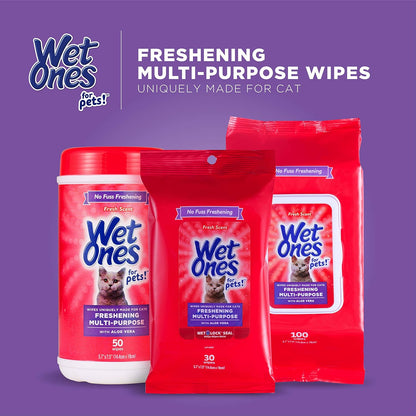 Wet Ones for Pets Freshening Multipurpose Wipes for Cats with Aloe Vera | Easy to Use Cat Cleaning Wipes, Freshening Cat Grooming Wipes for Pet Grooming in Fresh Scent | 50 Ct Cannister Cat Wipes