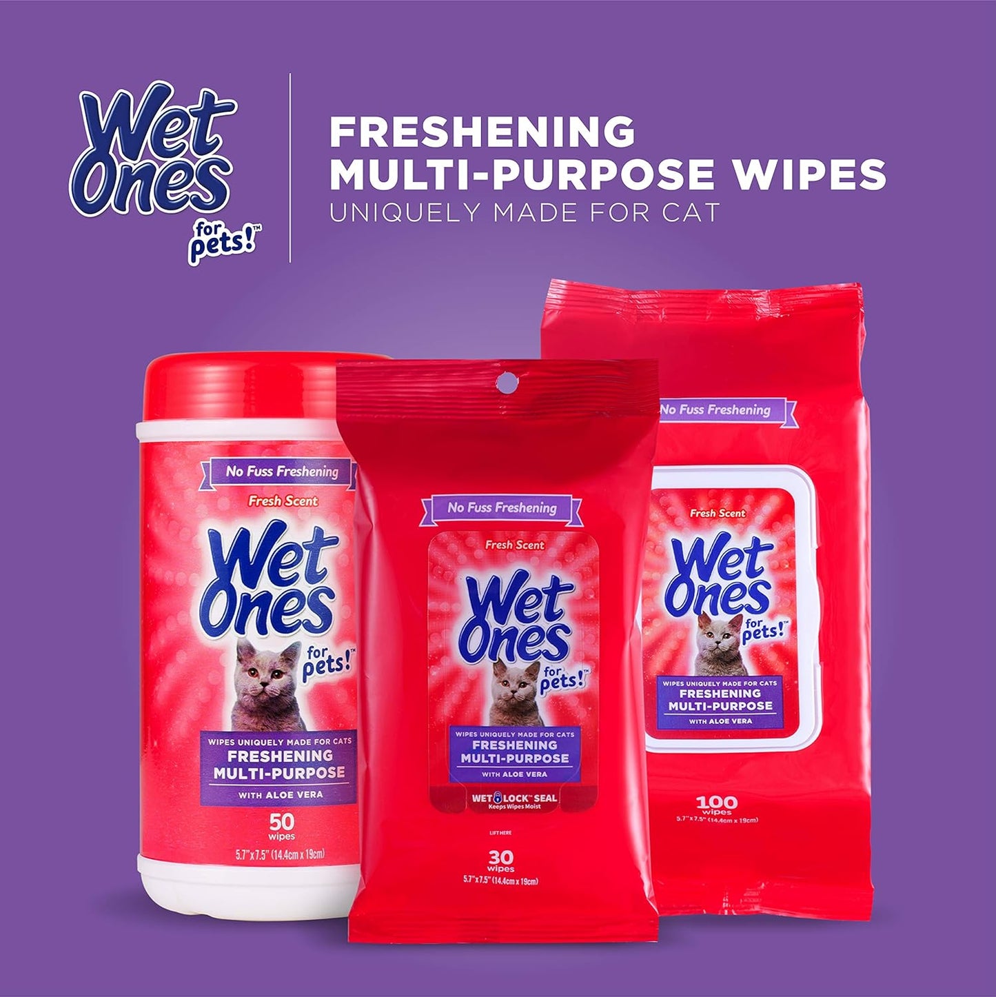 Wet Ones for Pets Freshening Multipurpose Wipes for Cats with Aloe Vera |Easy to Use Cat Cleaning Wipes, Freshening Cat Grooming Wipes for Pet Grooming in Fresh Scent|100 Ct Pouch Cat Wipes|12-Pack