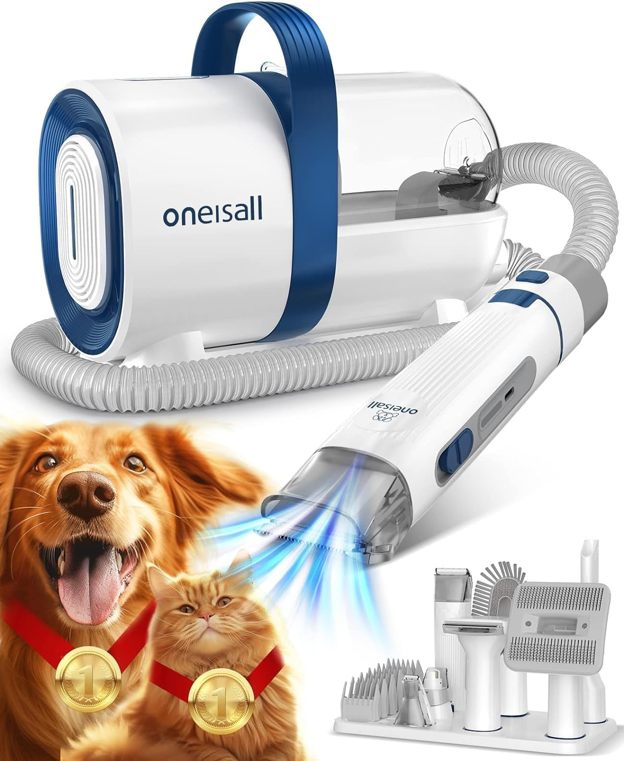 Oneisall Dog Hair Vacuum & Dog Grooming Kit, Pet Grooming Vacuum with Pet Clipper Nail Grinder, 1.5L Dust Cup Dog Brush Vacuum with 7 Pet Grooming Tools for Shedding Pet Hair, Home Cleaning