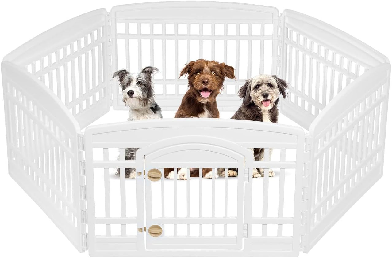 IRIS USA 24" Exercise 6-Panel Pet Playpen with Door, Dog Cat Playpen for Puppy Small Dogs Keep Pets Secure Easy Assemble Easy Storing Customizable Non-Skid Rubber Feet, White