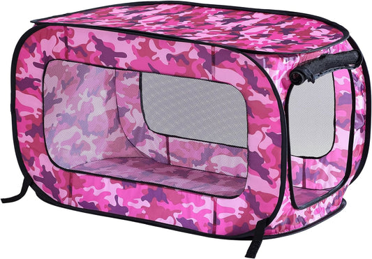 Beatrice Home Fashions Portable, Collapsible, Pop up Kennel Travel Cat and Dog Crate, 24" L X 16.6" W X 16" H, Camo Pink