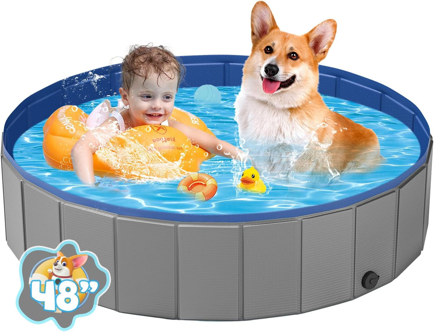 Portable Dog Pool PVC Pet Swimming Pool Bathtub Collapsible Dog Pool, Hard Plastic Pool for Pets to Swim and Bath (L-47"X 12" Dark Grey)