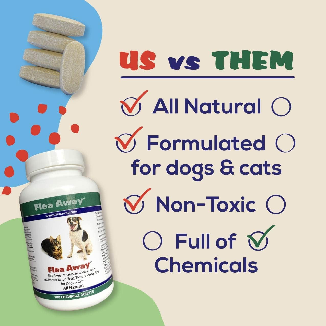 All Natural Supplement for Fleas, Ticks, and Mosquitos Prevention for Dogs and Cats, 100 Chewable Treat Tablets, Single