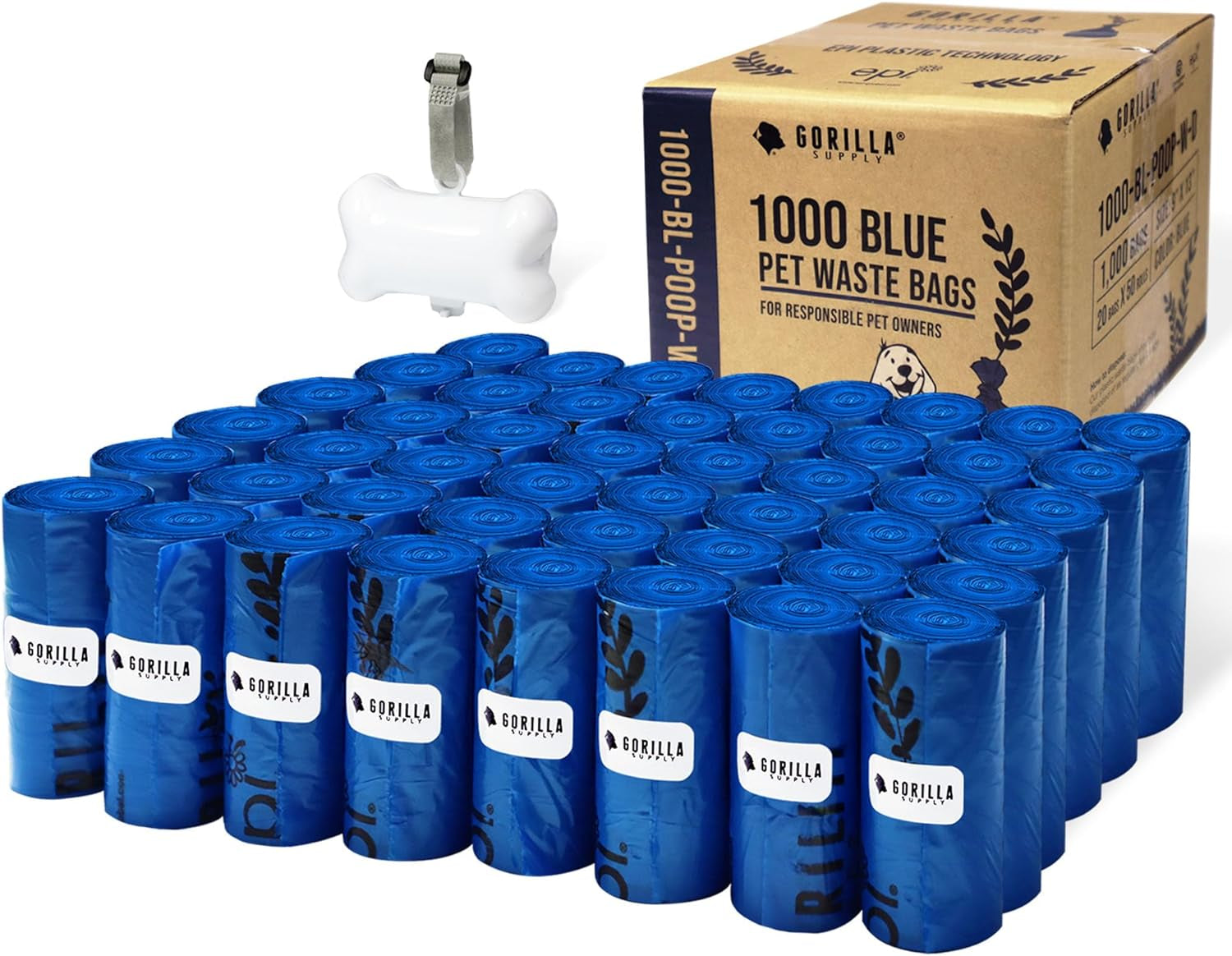 GORILLA SUPPLY Dog Poop Waste Bags with Dispenser and Leash Tie, 9" X 13", Black, 1000 Count