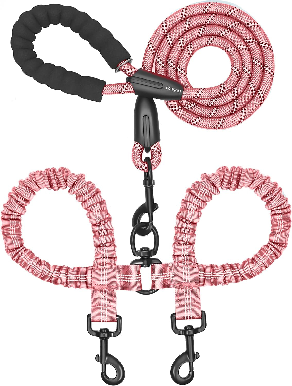 Iyoshop Dual Dog Leash, Double Dog Leash, 360 Swivel No Tangle Walking Leash, Shock Absorbing Bungee for Two Dogs, Large (25-150 Lbs), Baby Pink