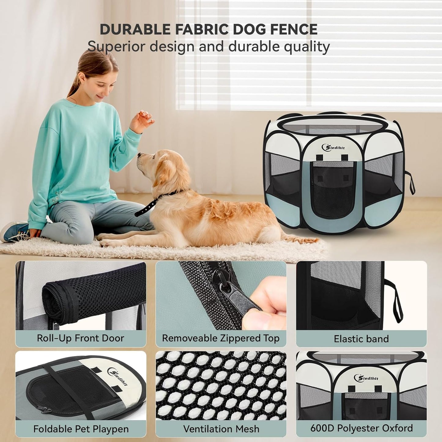 Dog Playpen, Puppy Pet Playpen Indoor for Large Dogs, Dog Tent Crates Cage Indoor/Outdoor, Portable Pop up Dog Kennel Playpen with Carrying Case for Dogs/Cats/Rabbits, Removable Zipper Top, Purple