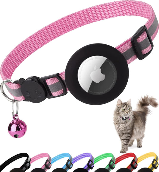 Airtag Cat Collar Breakaway, Reflective Kitten Collar with Apple Air Tag Holder and Bell for Girl Boy Cats, 0.4 Inches in Width and Lightweight(Pink)