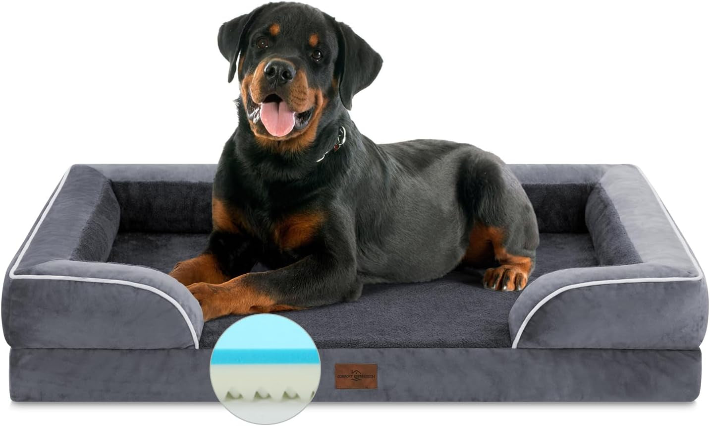 Cooling Dog Bed, Jumbo Dog Bed for Extra Large Dogs, Memory Foam Orthopedic Dog Bed, Jumbo Breed Dog Bed, Waterproof Dog Bed with Bolster & Removable Cover(Jumbo,Leaden Grey)