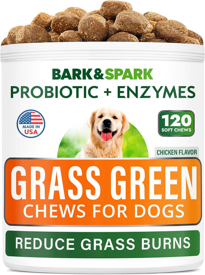 BARK&SPARK Green Grass Chews - Pee Grass Spot Saver Caused by Dog Urine - Urine Neutralizer for Lawn, Gut Health Probiotics & Digestive Enzymes,Lawn Burn from Dog Urine, Grass Burn Spot Chews, Rocks