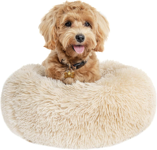 Small Dog Bed Calming Dogs Bed for Small Medium Large Dogs Anti-Anxiety Puppy Bed Machine Washable Warming Cozy Soft Pet round Bed Fits up to 10-100 Lbs (Small (Pack of 1), Beige)