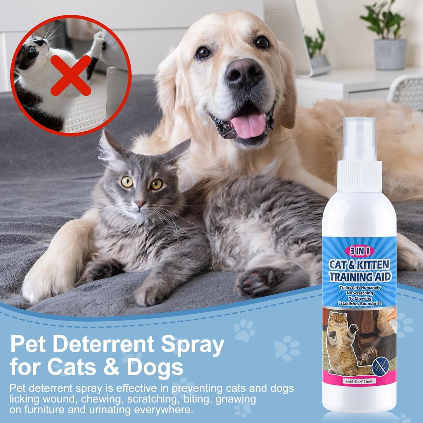 Cat Deterrent Spray. 175ML Cat Repellent Indoor for Cat and Kitten. Cat Scratch Furniture Protector. Effective Cat Repellent Spray Training Aid for Furniture, Curtains, Sofas, Indoor & Outdoor.