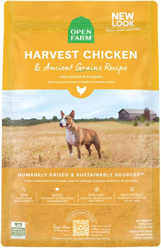 Open Farm Ancient Grains Dry Dog Food, Humanely Raised Meat Recipe with Wholesome Grains and No Artificial Flavors or Preservatives (Harvest Chicken Ancient Grain, 4 Pound (Pack of 1))