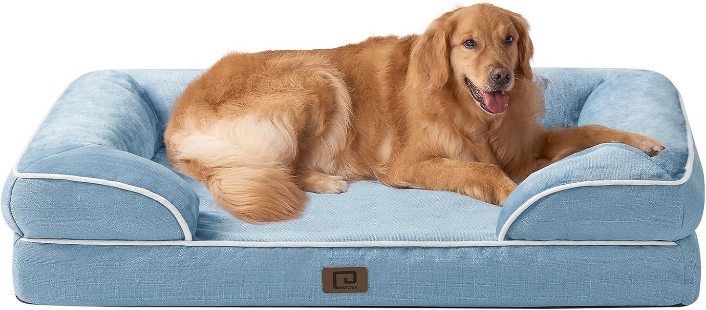 EHEYCIGA Orthopedic Dog Beds for Extra Large Dogs, Waterproof Memory Foam XL Dog Bed with Sides, Non-Slip Bottom and Egg-Crate Foam Big Dog Couch Bed with Washable Removable Cover, Washed Blue