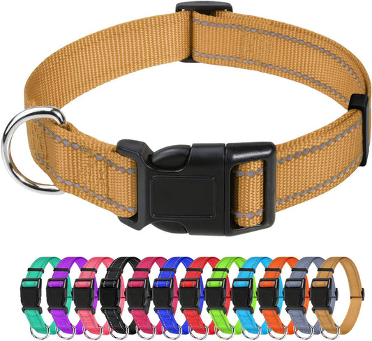 Tagme Reflective Nylon Dog Collars, Adjustable Classic Dog Collar with Quick Release Buckle for Large Dogs, Khaki, 1.0" Width