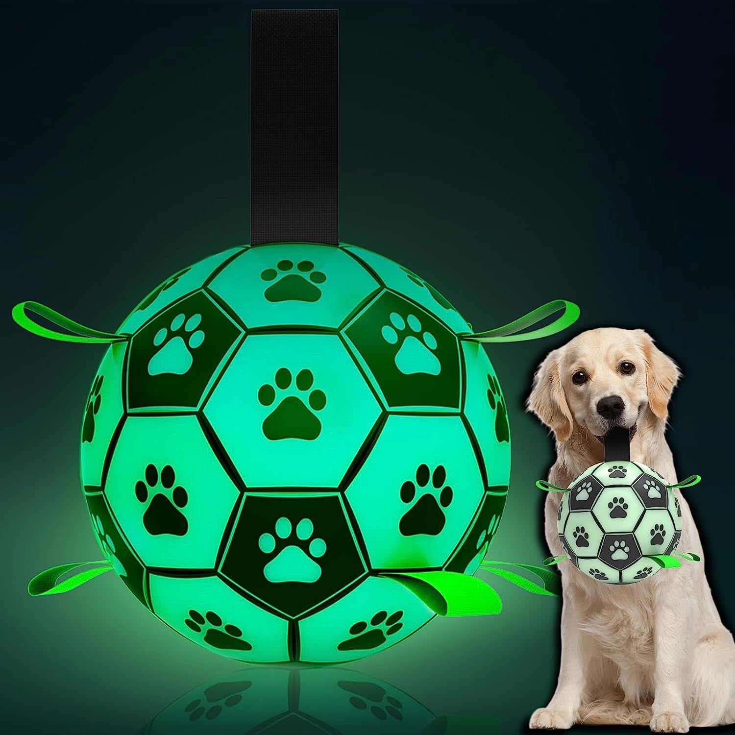 Glow in the Dark Dog Toys Soccer Ball with Straps - Light up Dog Balls for Large Dogs, Interactive Dog Toys with Strap for Tug of War,Puppy Birthday Gifts (8 Inch)