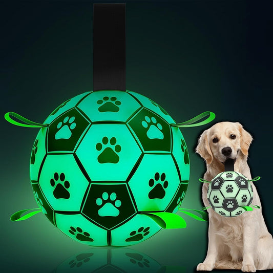 Glow in the Dark Dog Toys Soccer Ball with Straps - Light up Dog Balls for Large Dogs, Interactive Dog Toys with Strap for Tug of War,Puppy Birthday Gifts (8 Inch)