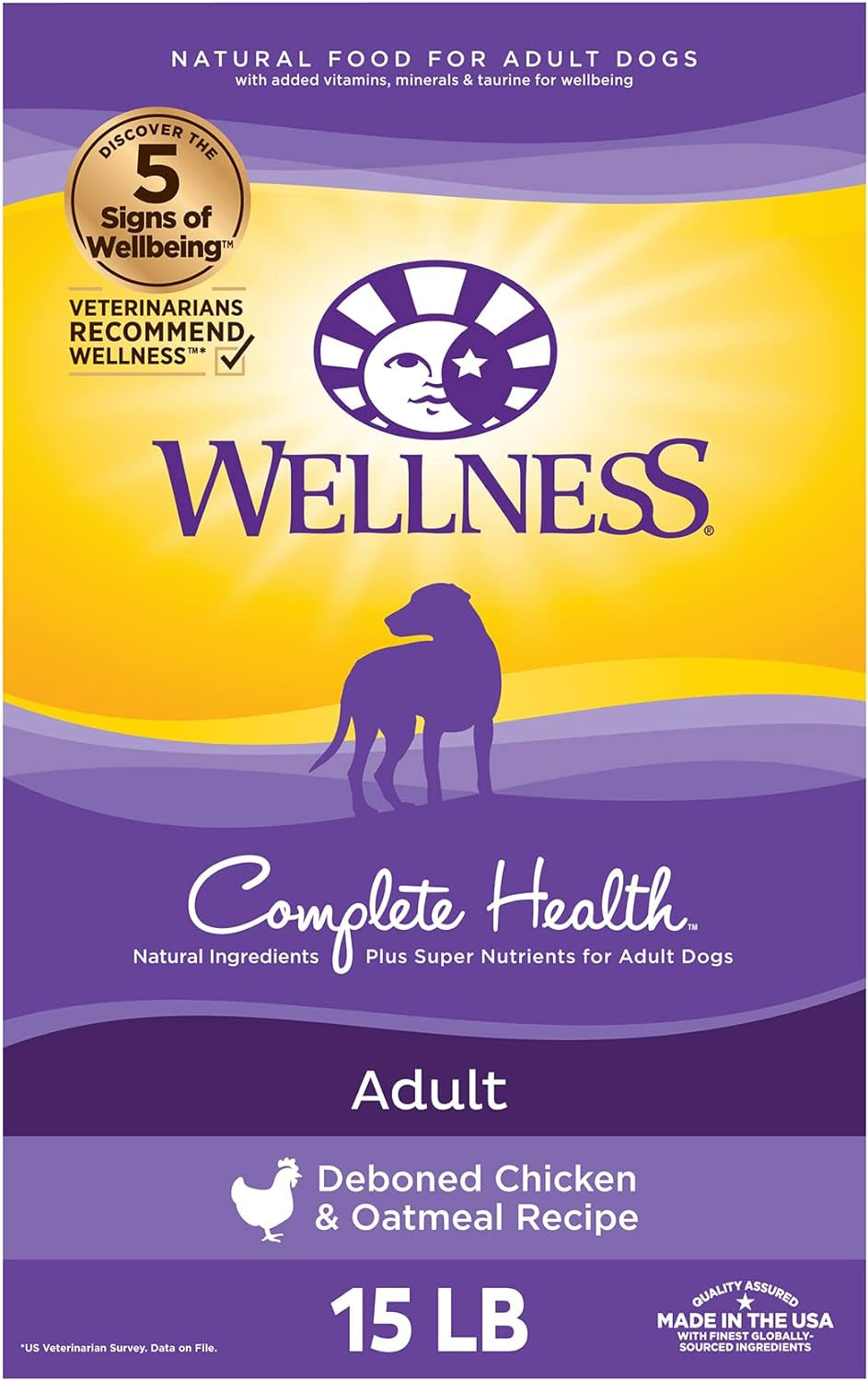 Wellness Complete Health Dry Dog Food with Grains, Natural Ingredients, Made in USA with Real Meat, All Breeds, for Adult Dogs (Chicken & Oatmeal, 15-Pound Bag)