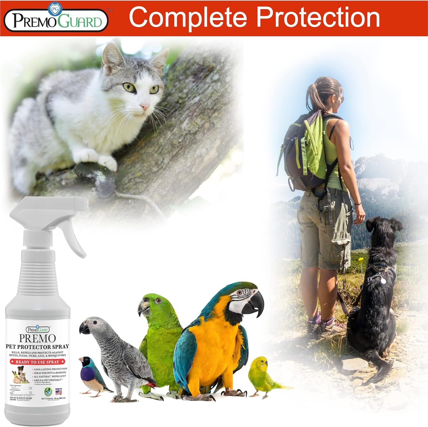 Pet Protector by Premo Guard – 100% Effective Mite, Flea, Tick, & Mosquito Spray for Dogs, Cats, and Pets – Best Natural Protection for Control, Prevention, & Treatment – 32 Oz